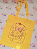Yellow cotton tote bag with Magical Soul butterfly, crystals and moon phases design
