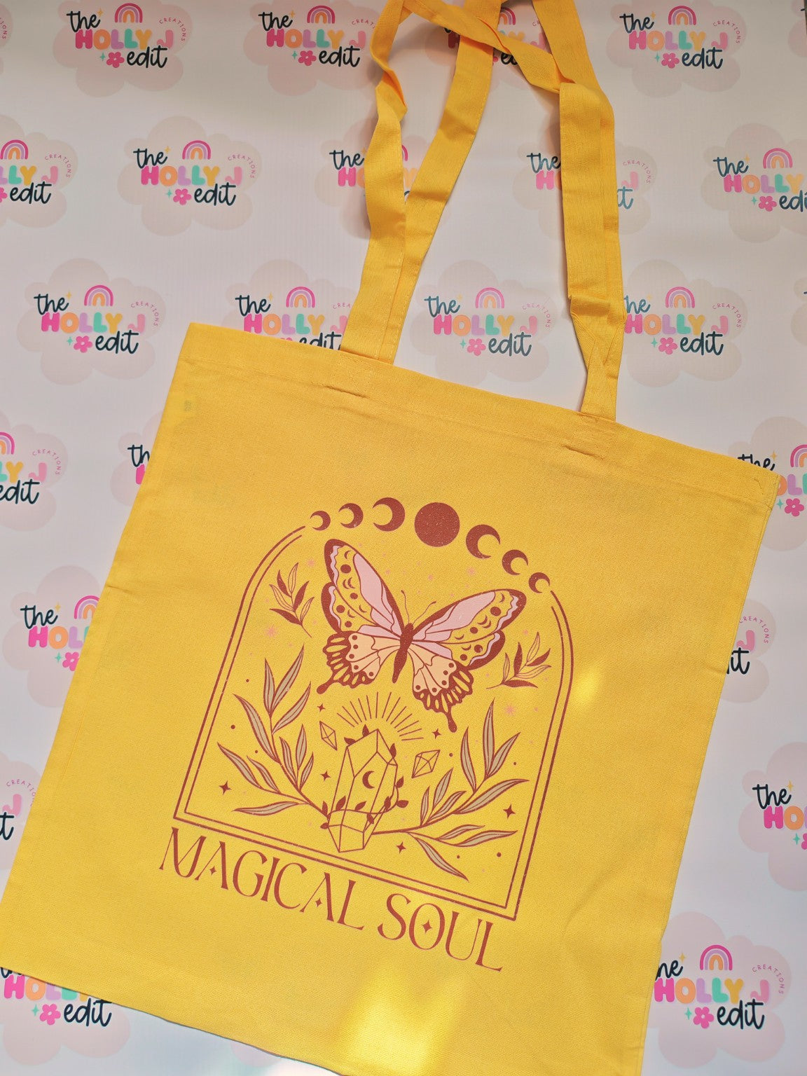 Yellow cotton tote bag with Magical Soul butterfly, crystals and moon phases design