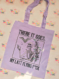 Lilac cotton tote bag with skeleton and There It Goes My Last Flying F*ck design