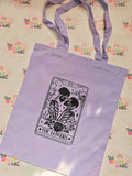 Lilac cotton tote bag with The Lovers tarot card design