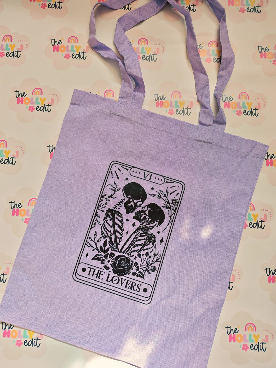 Lilac cotton tote bag with The Lovers tarot card design