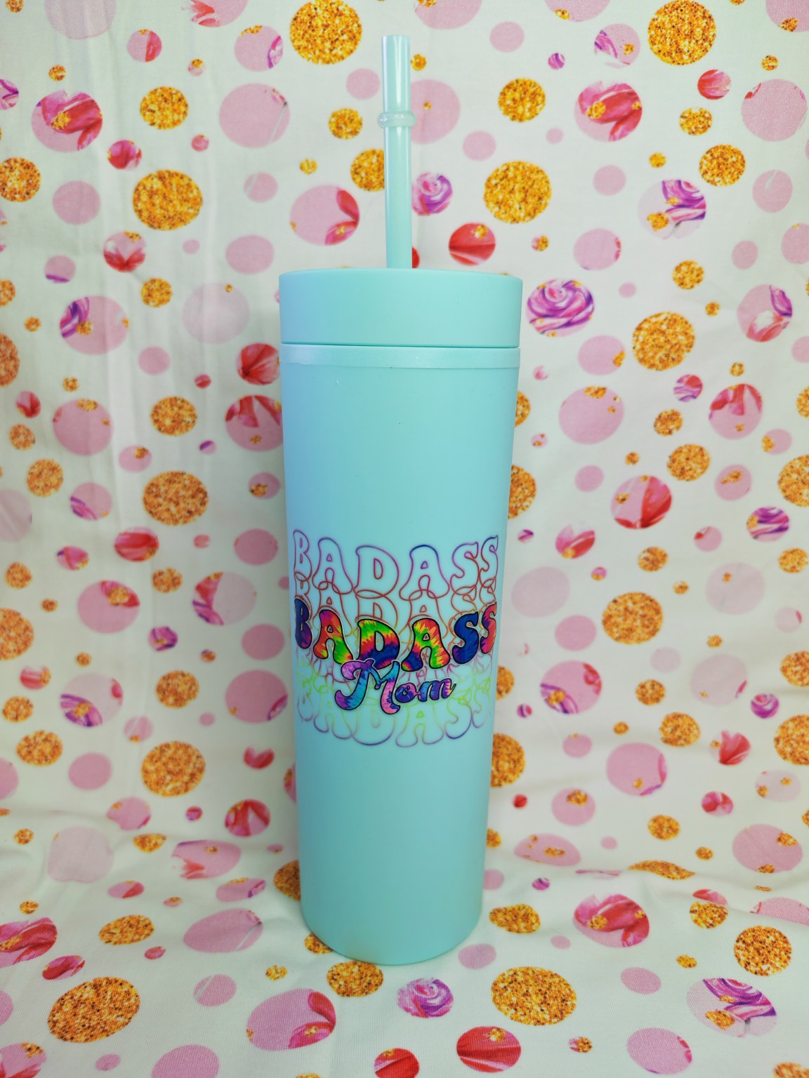Light blue 16oz skinny tumbler with colourful Badass Mum design and straw