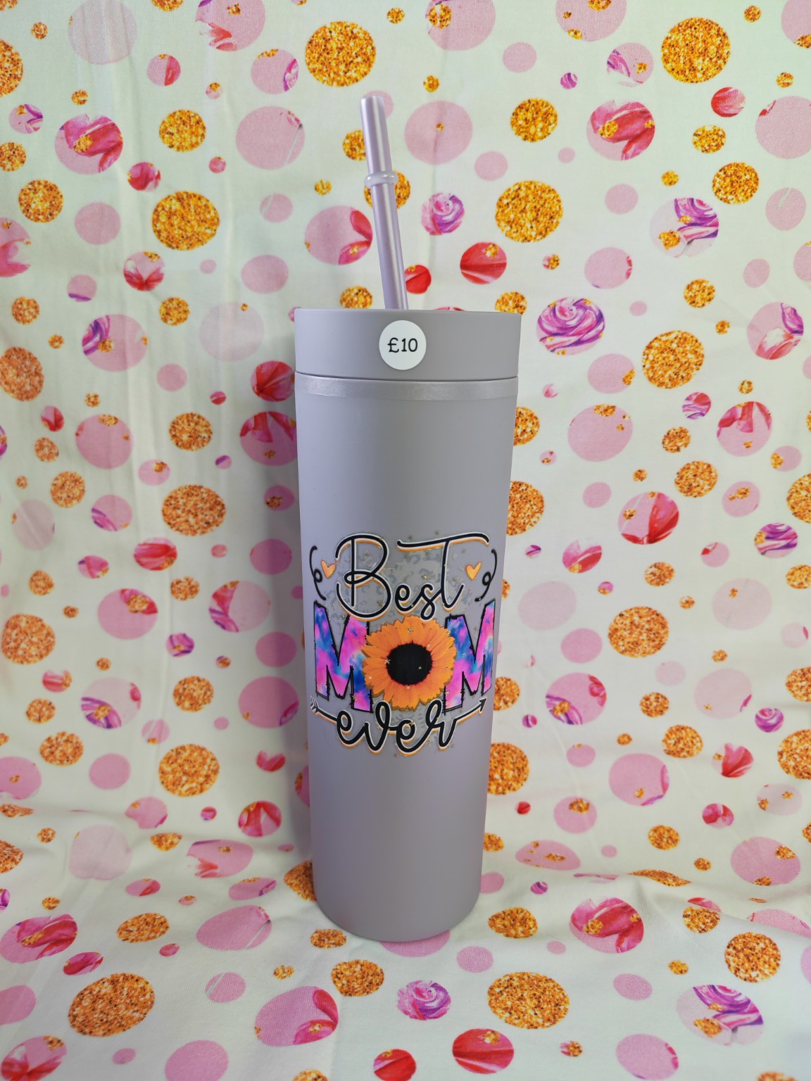 Lilac 16oz skinny tumbler with Best Mum Ever design and straw