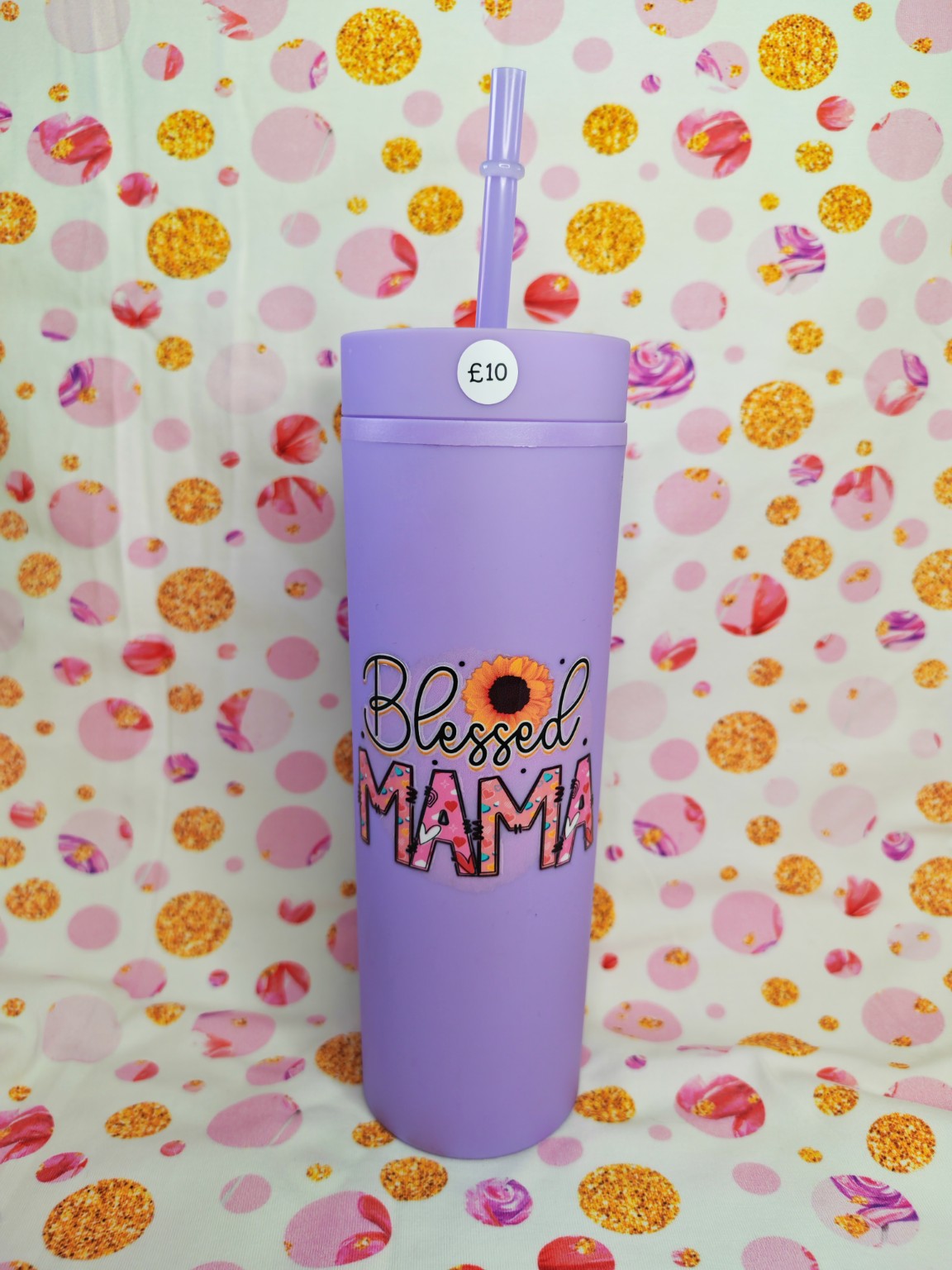 Lilac 16oz skinny tumbler with Blessed Mama sunflower design