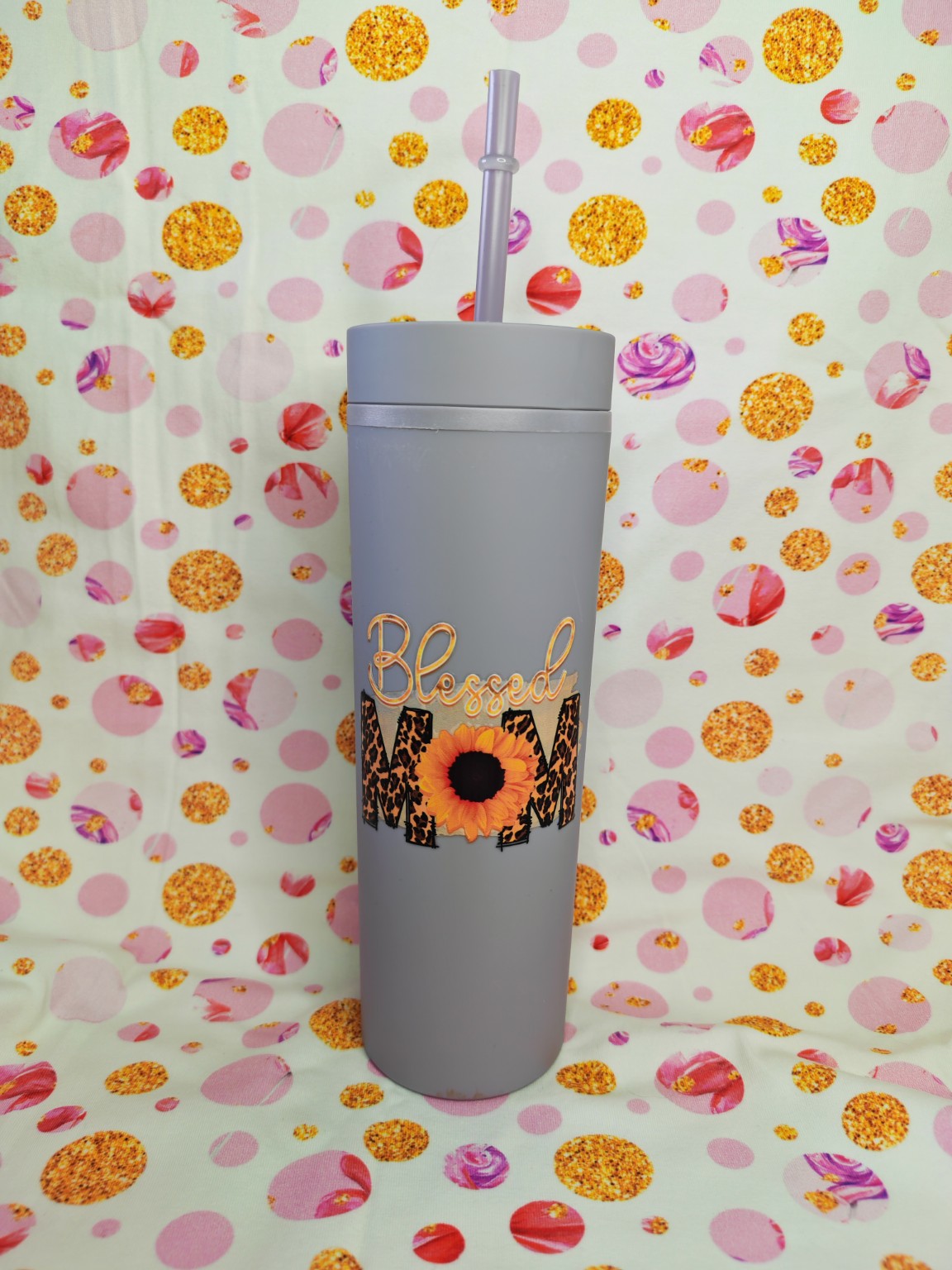 Grey 16oz skinny tumbler with Blessed Mum sunflower design and straw