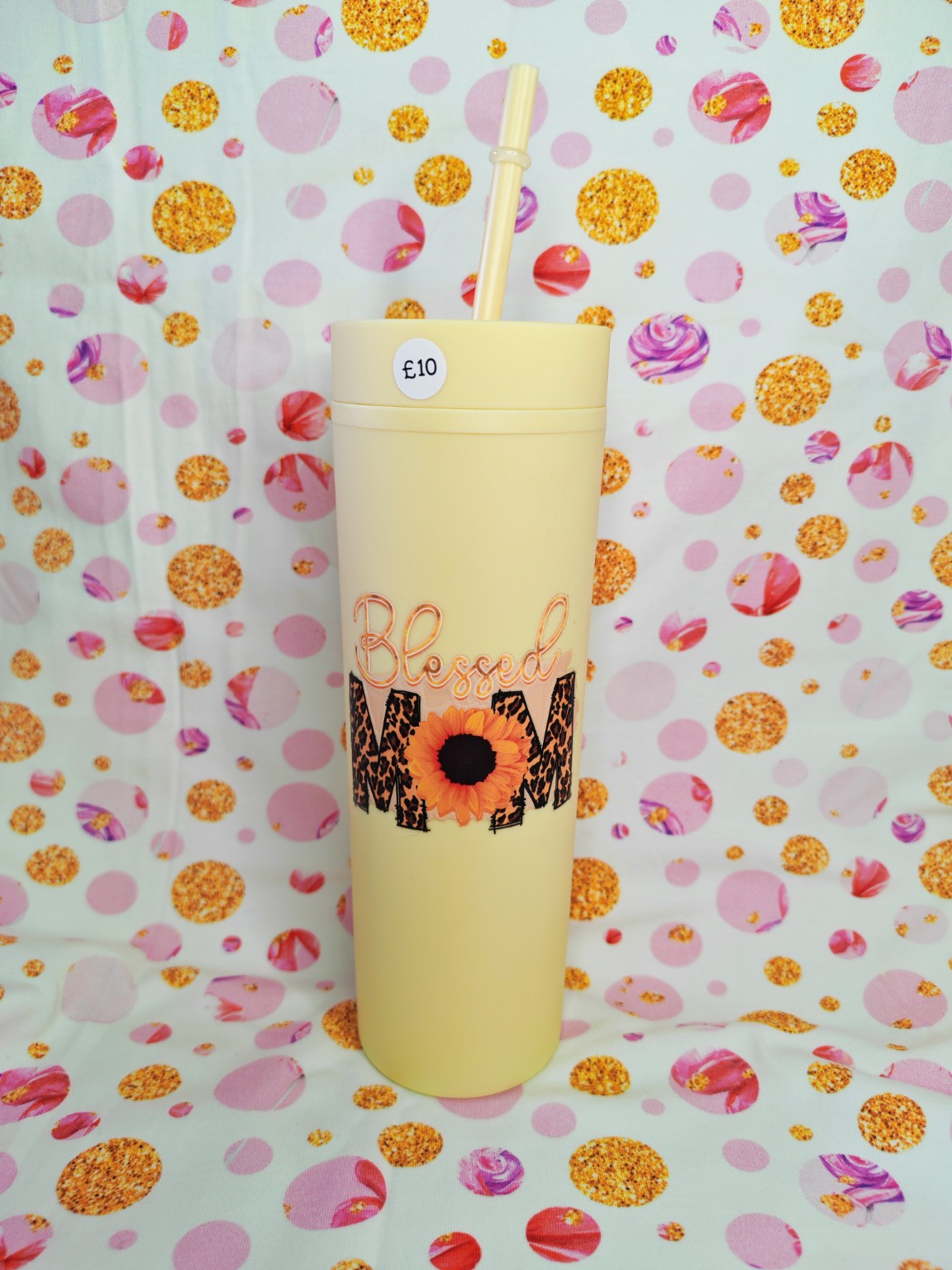 Cream 16oz skinny tumbler with Blessed Mum sunflower design and straw