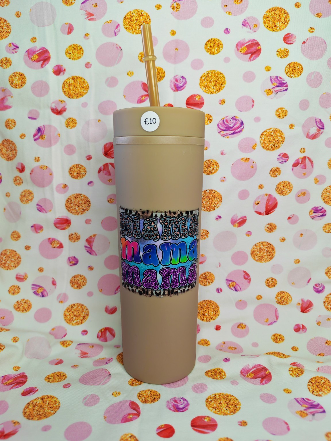 Neutral 16oz skinny tumbler with colourful Domestic Mama design and straw