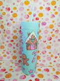 Aqua 16oz skinny tumbler with cute gingerbread Christmas design and straw