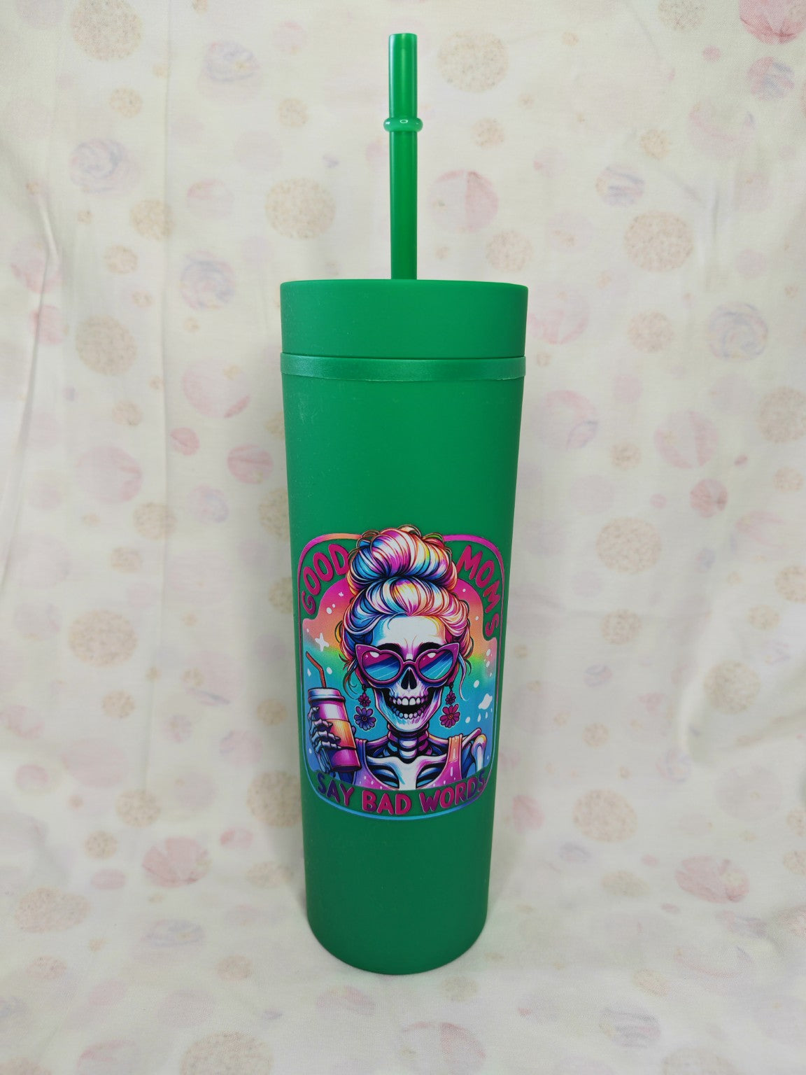 Green 16oz skinny tumbler with colourful Good Moms Say Bad Words skeleton design