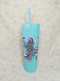 Light blue 16oz skinny tumbler with colourful Halloween checkerboard lightning bolt design