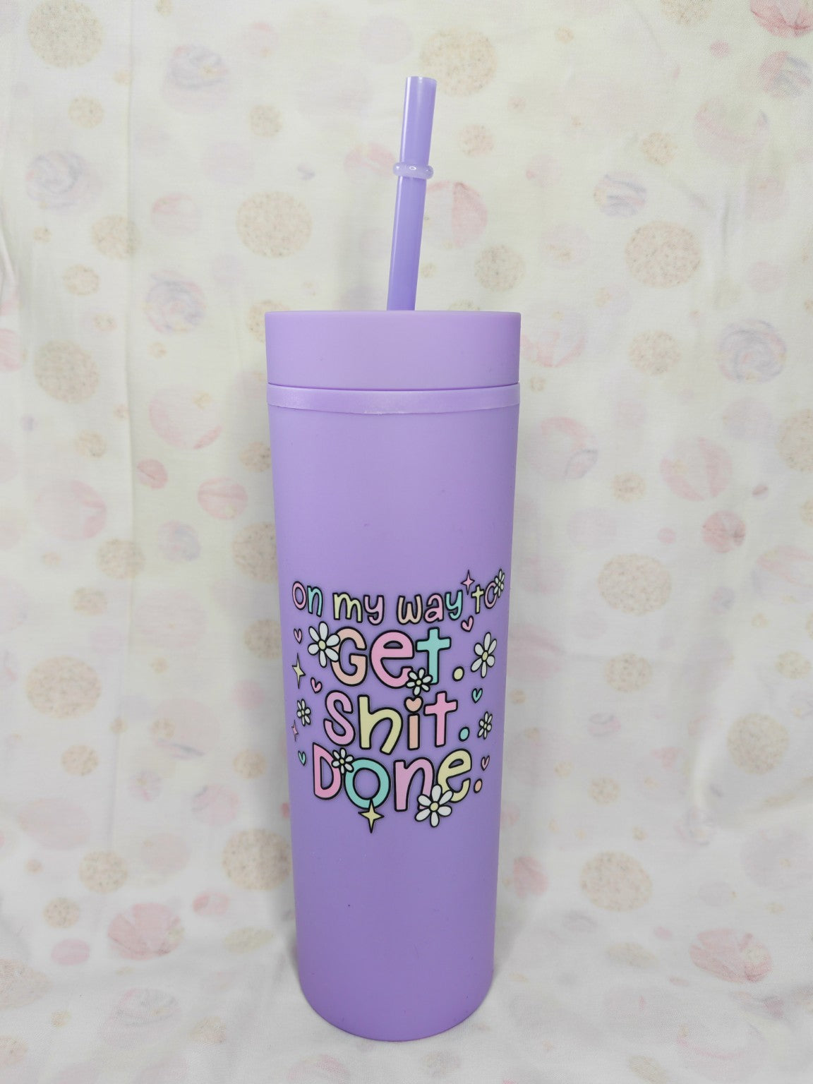 Lilac 16oz skinny tumbler with colourful Get Shit Done design