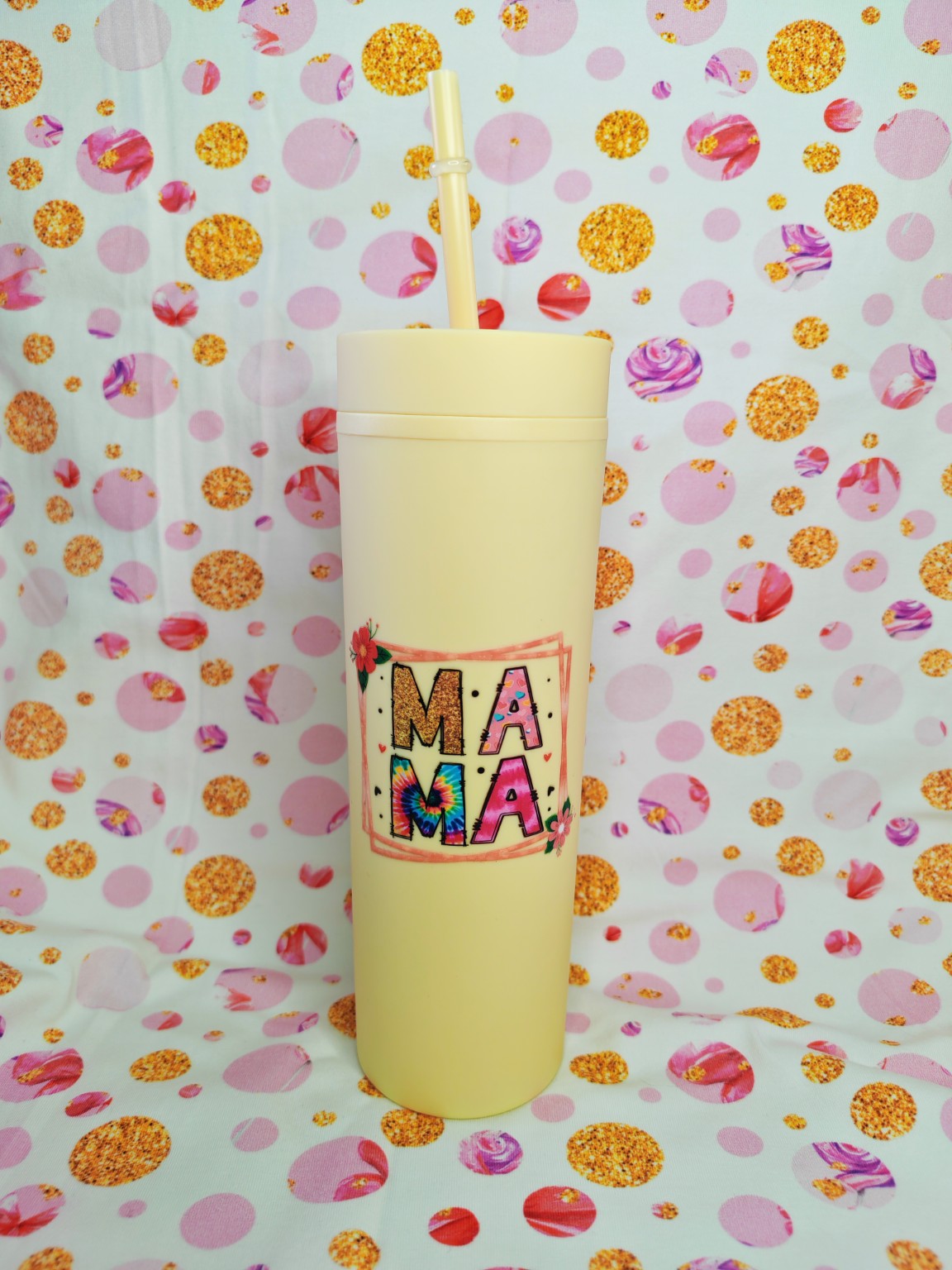 Cream 16oz skinny tumbler with colourful Mama floral design and straw