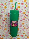 Green 16oz skinny tumbler with colourful Mama floral design and straw