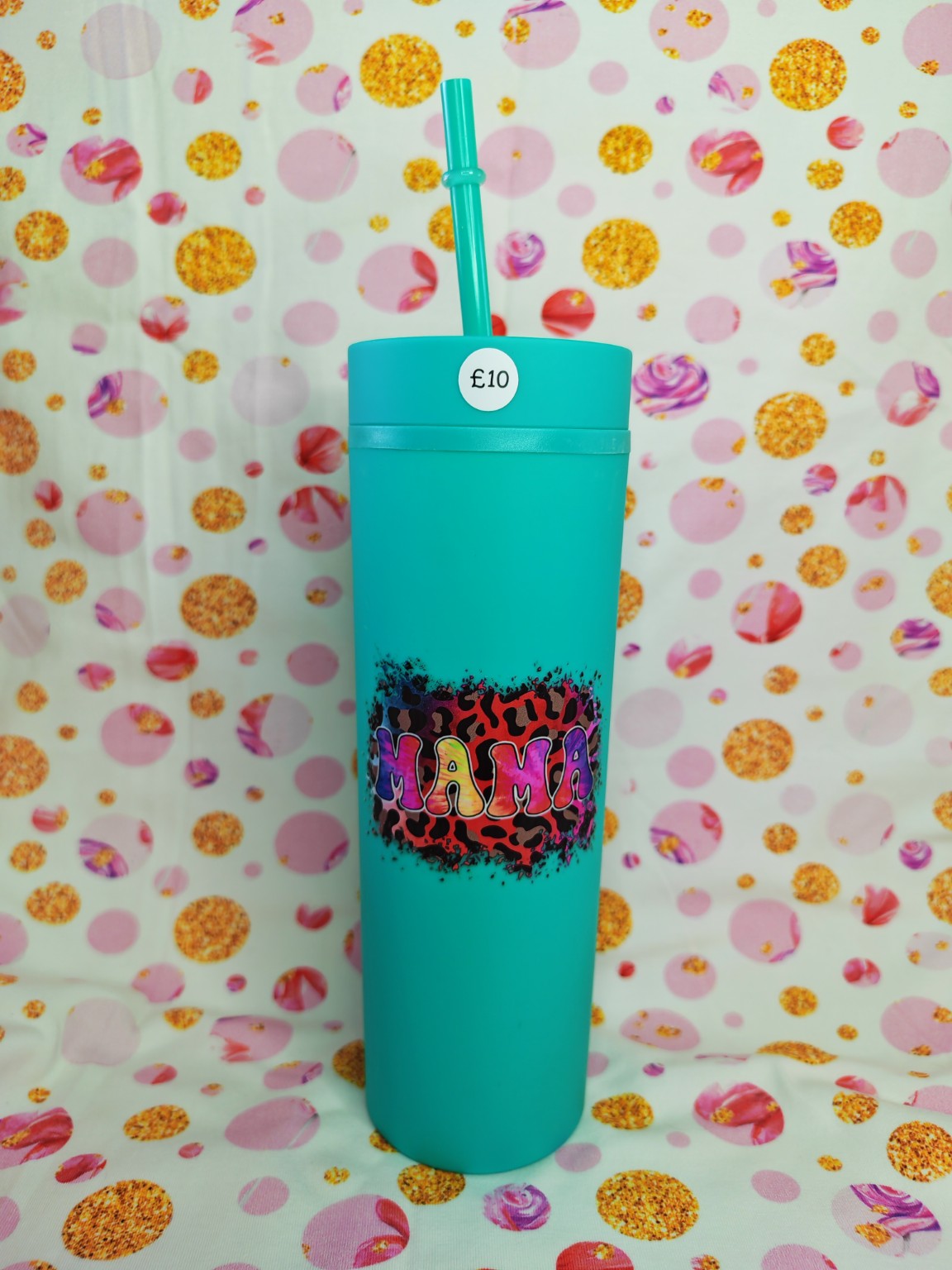 Turquoise 16oz skinny tumbler with colourful Mama leopard print design