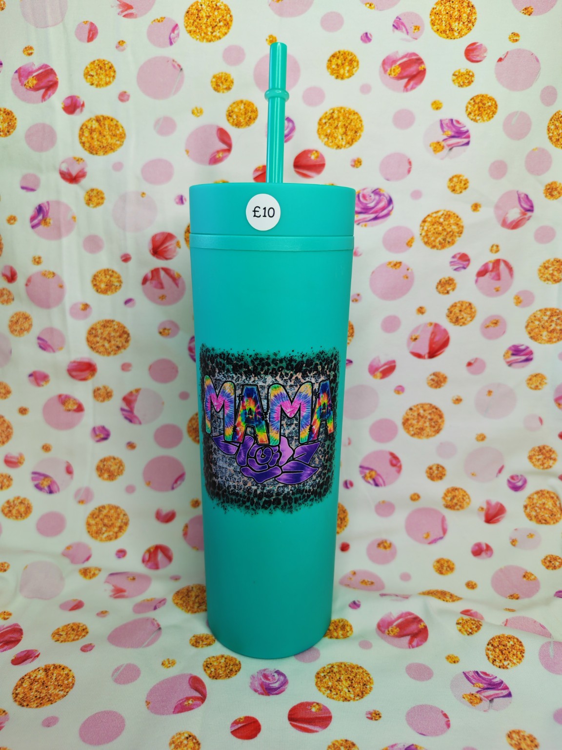 Turquoise 16oz skinny tumbler with colourful Mama Love design and straw