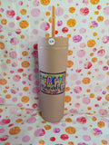 Beige 16oz skinny tumbler with Mama Moonlife design and straw