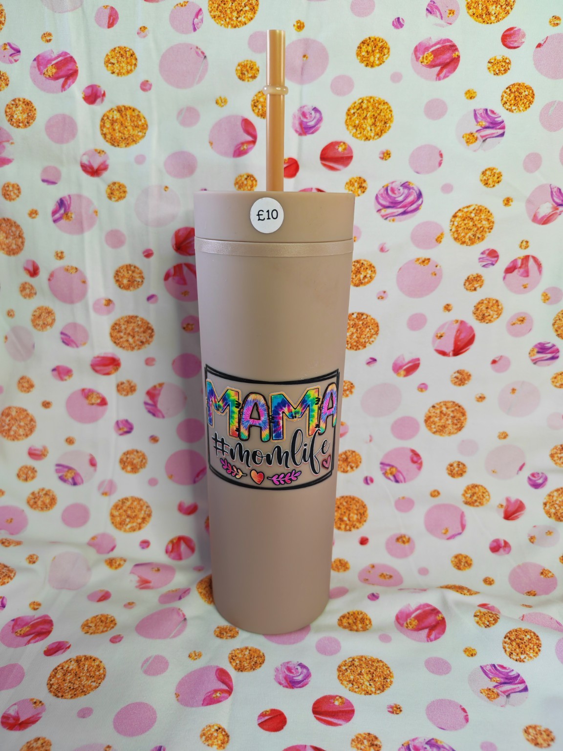 Beige 16oz skinny tumbler with Mama Moonlife design and straw