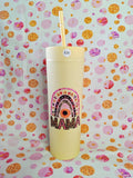 Cream 16oz skinny tumbler with Mama rainbow design and straw