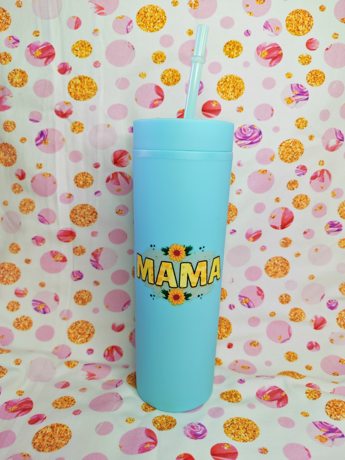 Light blue 16oz skinny tumbler with Mama and sunflower design