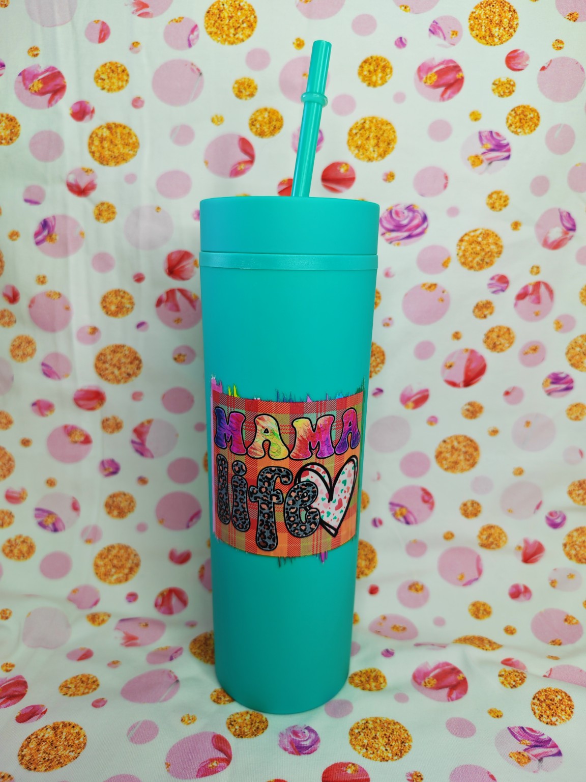 Turquoise 16oz skinny tumbler with colourful Mama Tribe design