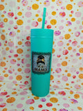 Turquoise 16oz skinny tumbler with Mama design and bun hairstyle