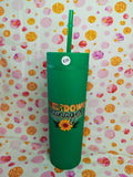 Green 16oz skinny tumbler with Meltdown Manager design and sunflower