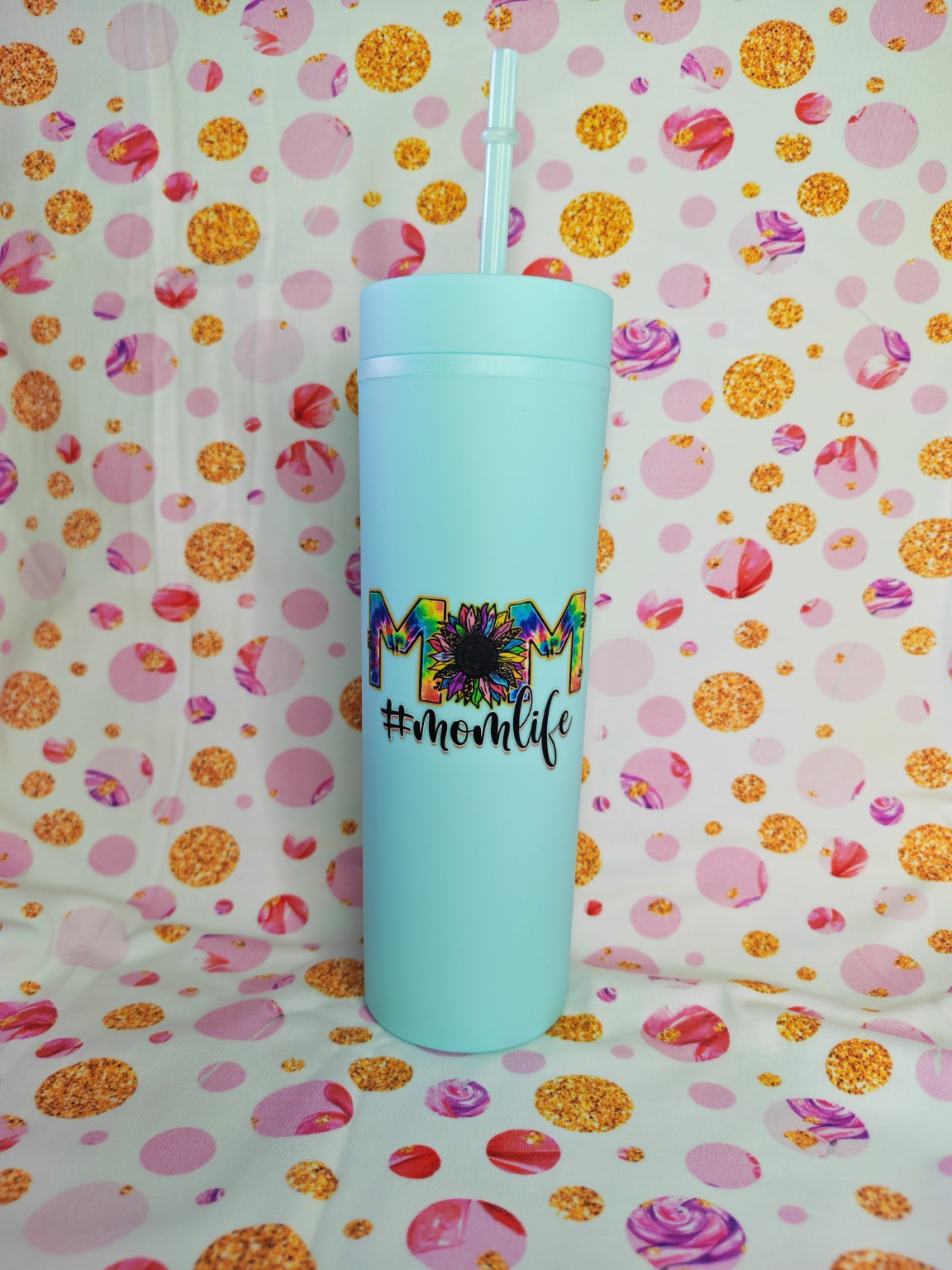 Aqua 16oz skinny tumbler with colourful MOM moonlife design and straw