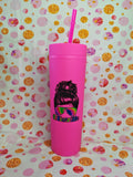 Pink 16oz skinny tumbler with colourful Momlife design and straw