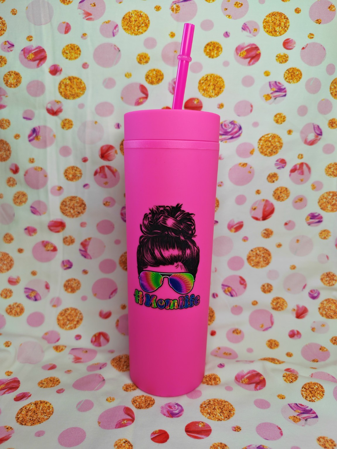 Pink 16oz skinny tumbler with colourful Momlife design and straw