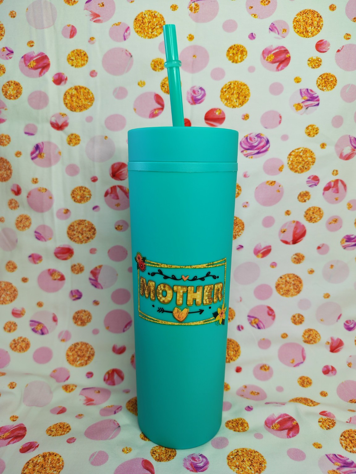 Teal 16oz skinny tumbler with gold Mother design and straw