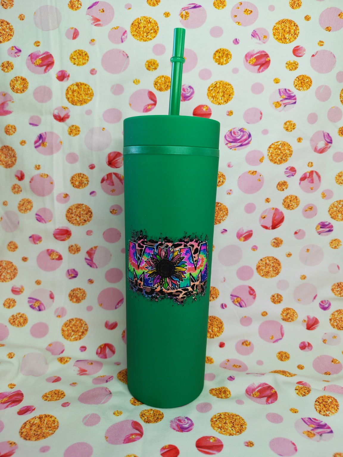 Green 16oz skinny tumbler with colourful Mum sunflower design and straw