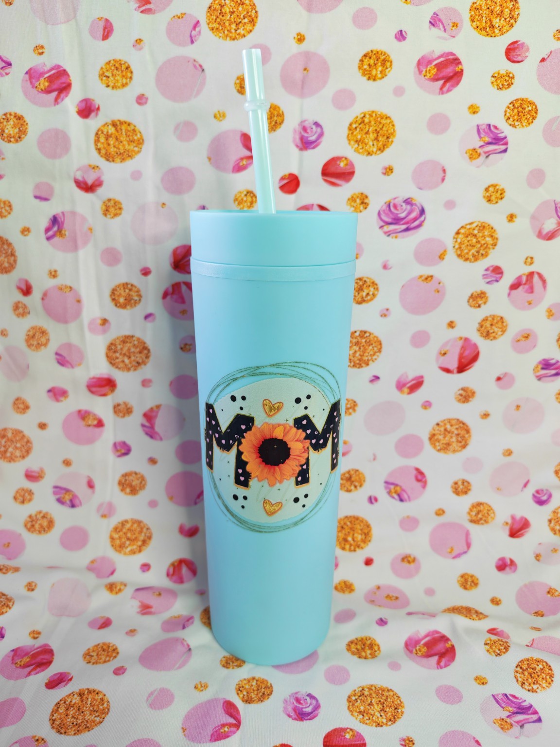 Aqua 16oz skinny tumbler with colourful Mum sunflower design and straw