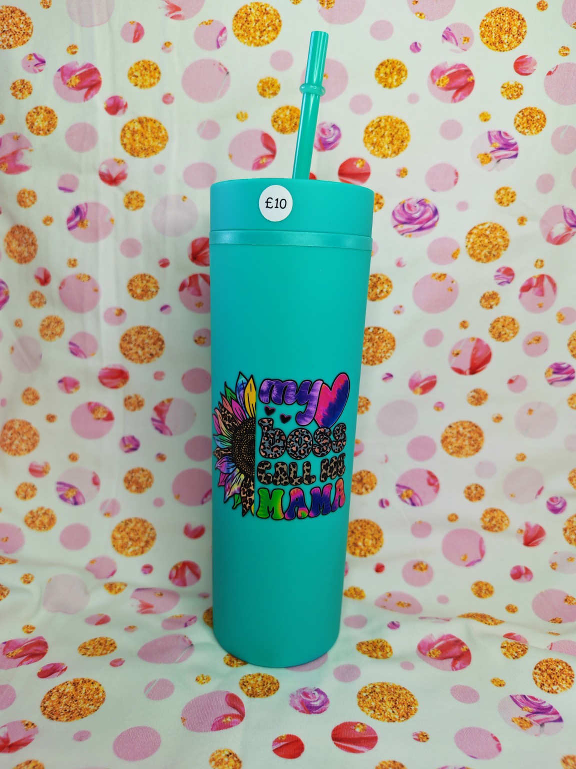 Teal 16oz skinny tumbler with colourful Mum sunflower design and straw