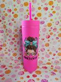 Pink 16oz skinny tumbler with Nail Tech Life design and straw