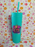Turquoise 16oz skinny tumbler with One Blessed Mama design and straw