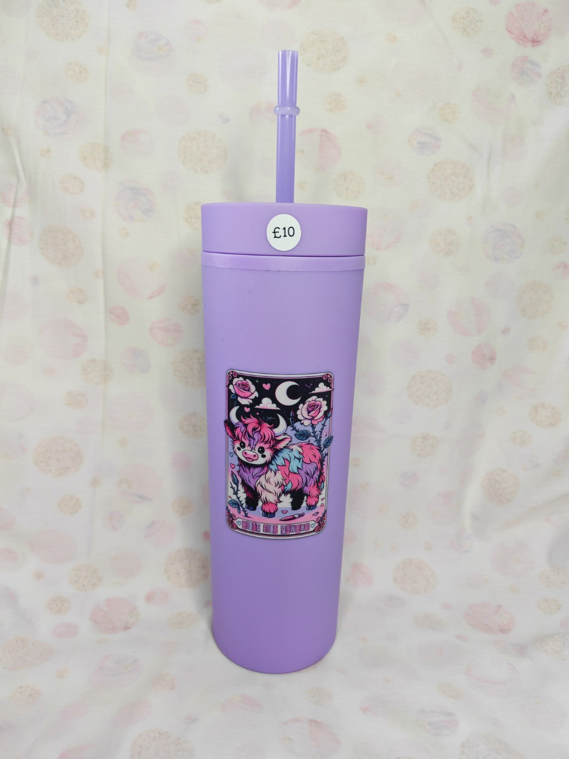 Purple 16oz skinny tumbler with cute pastel Highland cow design