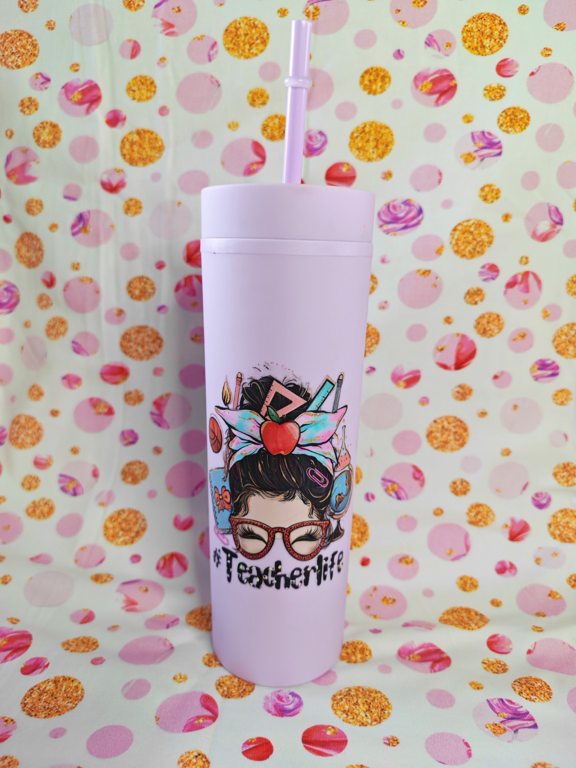 Lilac 16oz skinny tumbler with Teacher Life design and straw