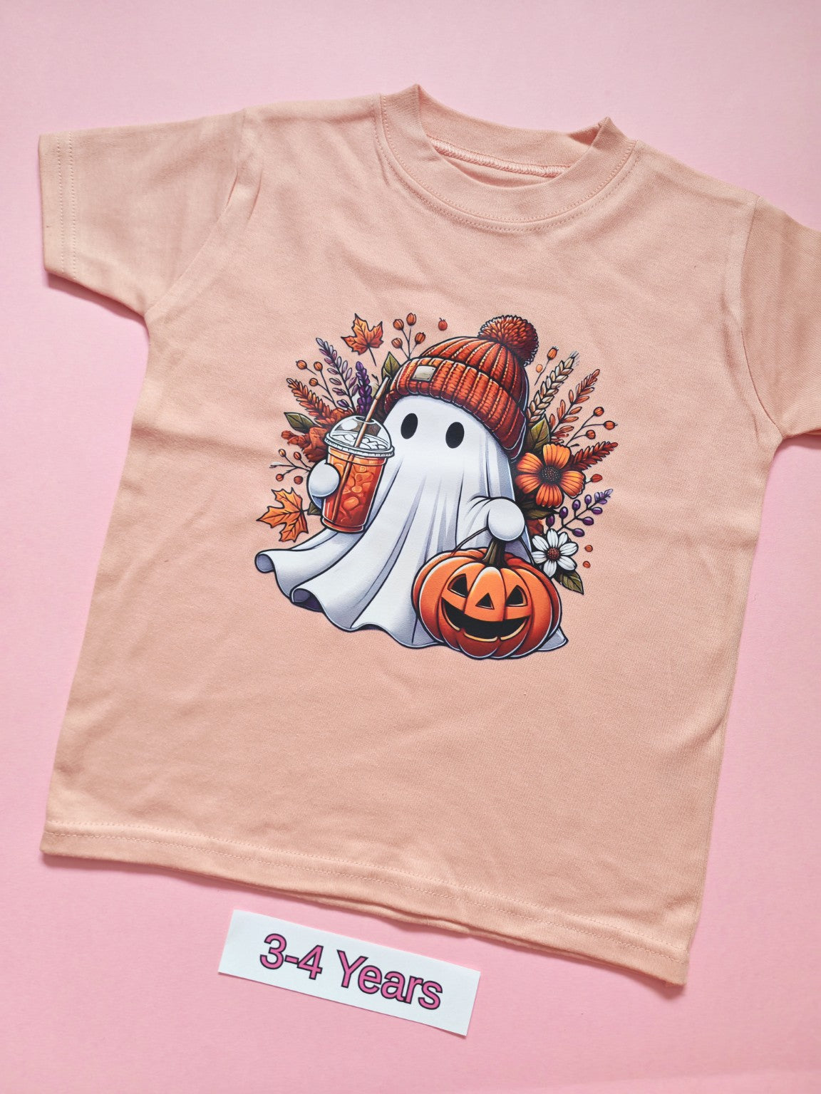 Pink children's T-shirt with cute autumn ghost, pumpkin and floral design, size 3-4 years