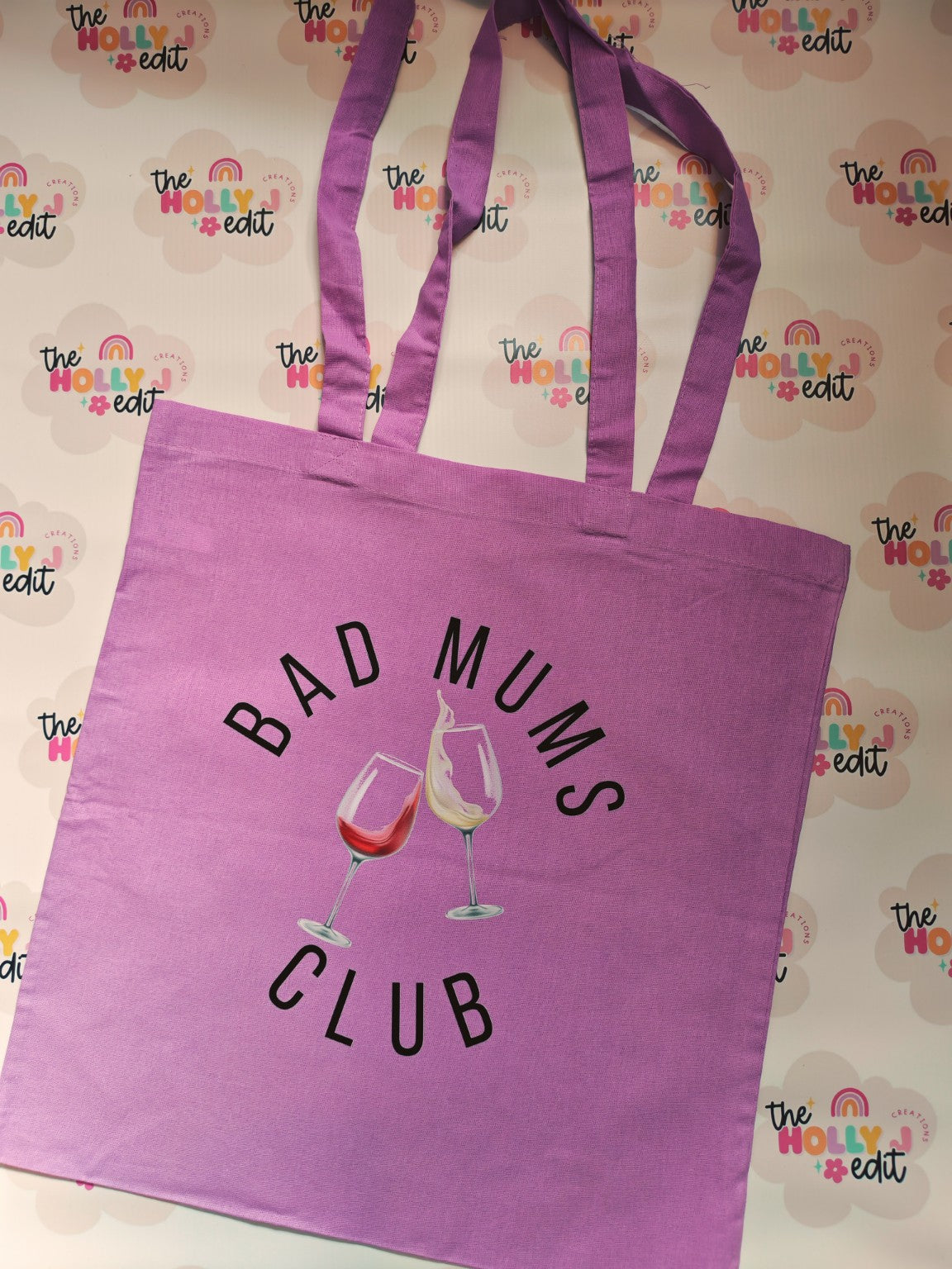 Purple cotton tote bag with Bad Mums Club wine glass design