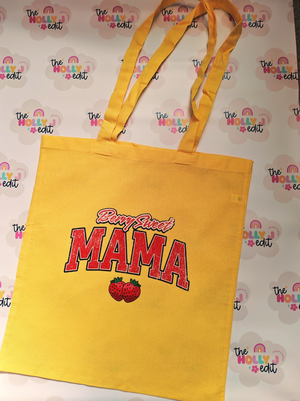 Yellow cotton tote bag with Berry Sweet Mama strawberry design