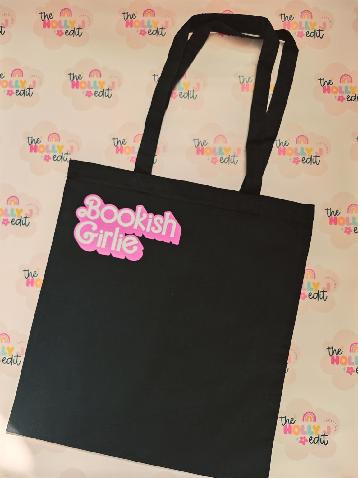 Black cotton tote bag with pink and white Bookish Girlie design