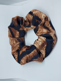 Large handmade brown and black animal print fabric scrunchie