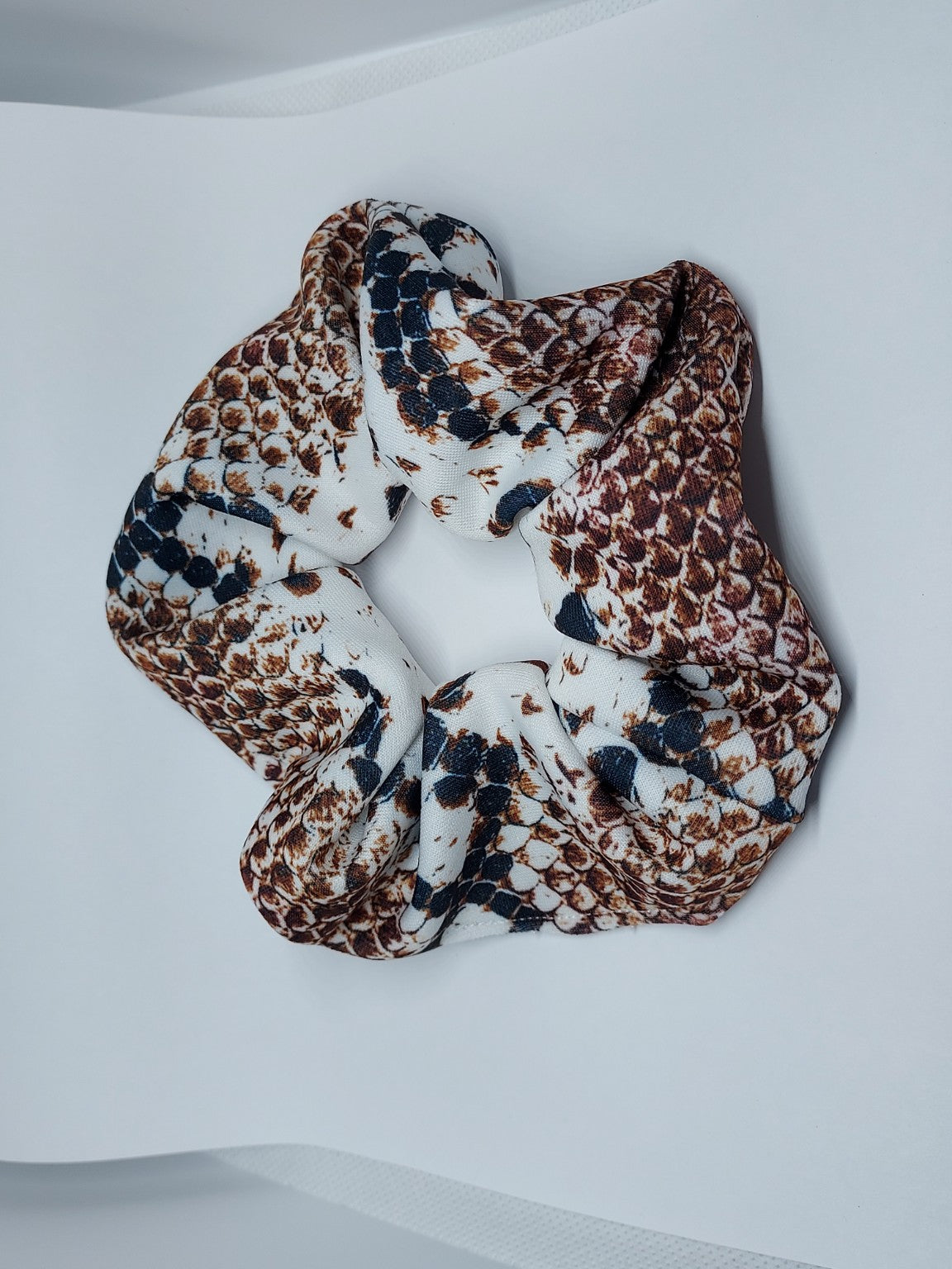 Large handmade brown and cream animal print fabric scrunchie