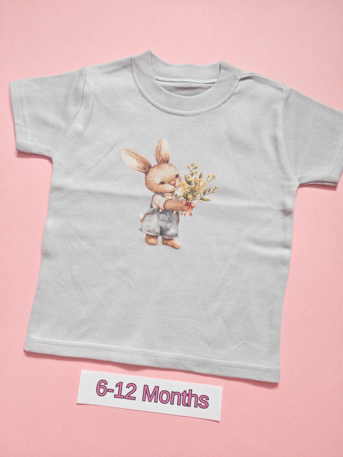 Frozen grey children's T-shirt with cute bunny holding flowers, size 6-12 months