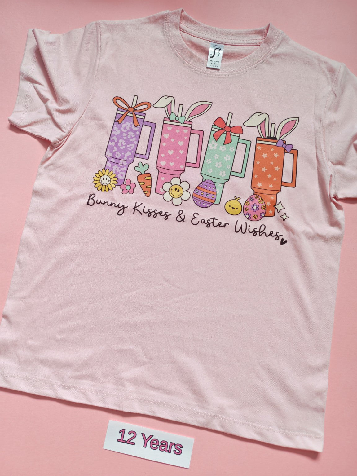 Pink children's Easter t-shirt with Bunny Kisses & Easter Wishes design, size 12 years