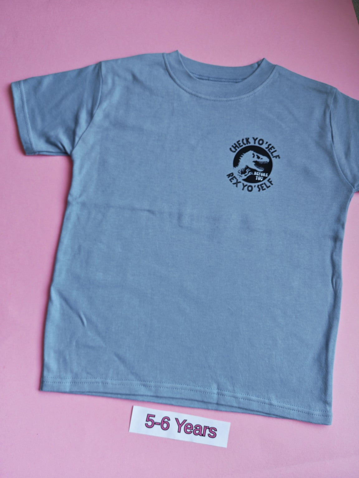 Blue children's t-shirt with dinosaur Check Yo'self Rex Yo'self design, size 5-6 years