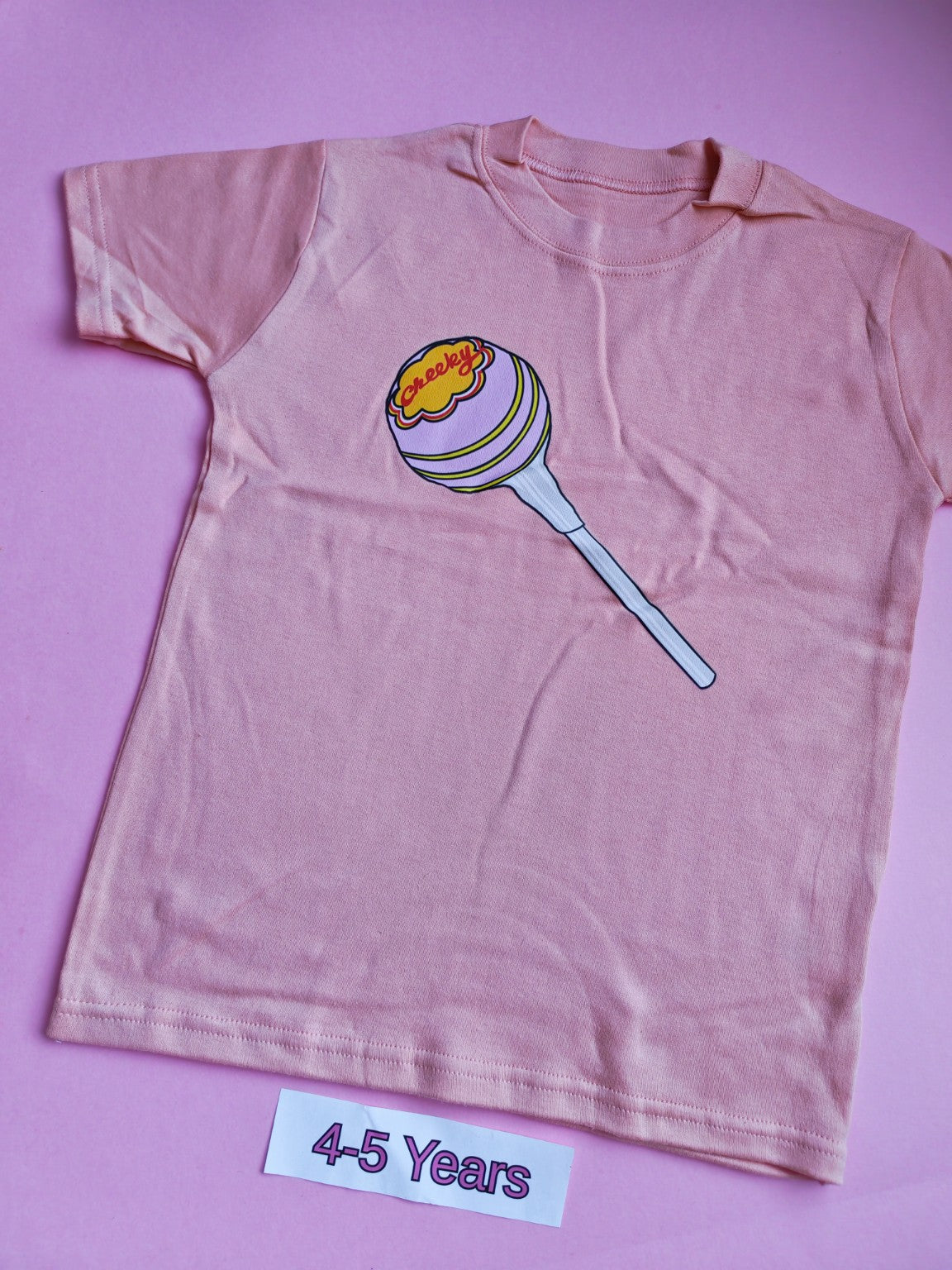 Peach children's t-shirt, 4-5 years, colourful Cheeky lollipop design