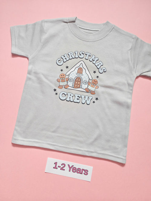 Frozen grey children's Christmas Crew t-shirt with gingerbread house and gingerbread men design, size 1-2 years