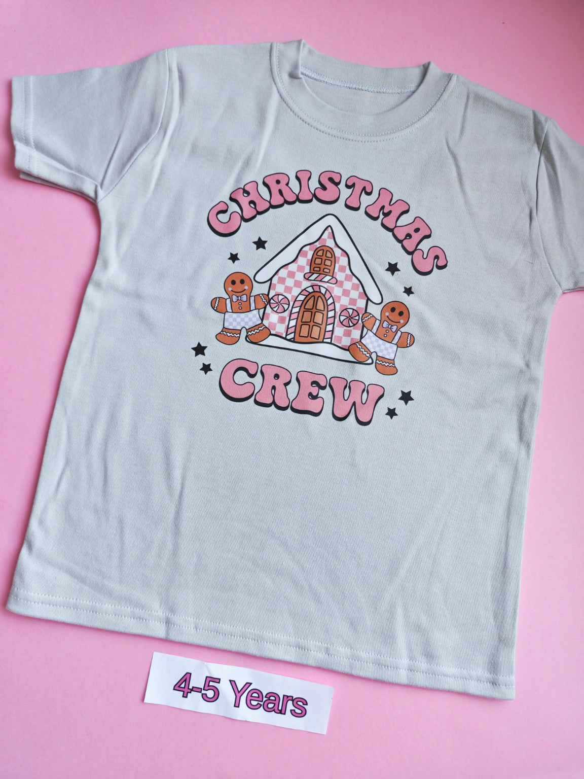 Frozen grey children's Christmas Crew t-shirt with gingerbread house design, size 4-5 years