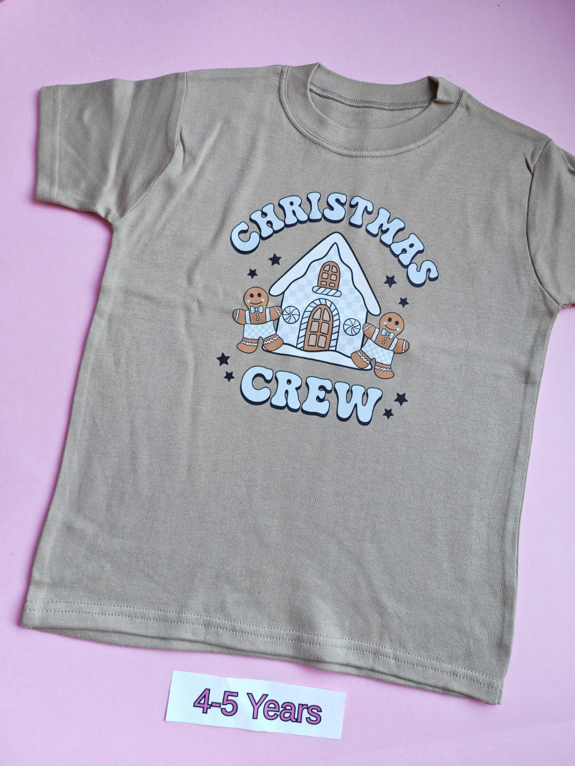 Taupe children's t-shirt, 4-5 years, Christmas Crew gingerbread house and gingerbread people design